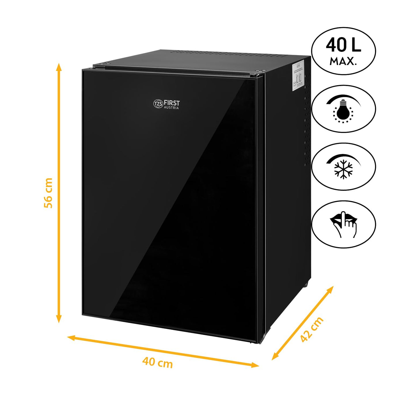 TZS First Austria lautloser Minikühlschrank | Getränkekühlschrank | Minibar | Wechselbarer Türanschlag | LED-Licht | ohne Gefrierfach | Glasdesign | 40L