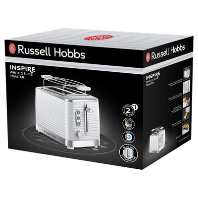 Russell Hobbs Toaster [für 2 Scheiben] Inspire Weiss mit hochwertiger Hochglanz-Struktur (extra breite Toastschlitze, inkl. Brötchenaufsatz, 6 Bräunungsstufen + Auftau- & Aufwärmfunktion) 24370-56
