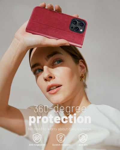 OCASE iPhone 16 Pro Max Hülle Handyhülle Premium PU Leder, Kartenfach Standfunktion, RFID Rohutzhülle Klapphülle Handytasche Lederhülle Kompatibel für iPhone 16 Pro Max (6,9 Zoll) Rot