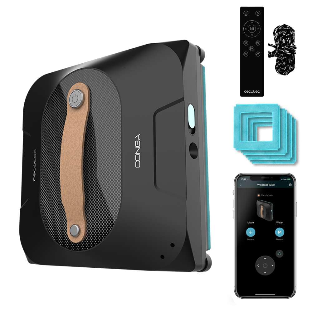 Cecotec Robot Fensterreiniger Conga Windroid 1390 Double Spray Connected 3in1; Sprüht, reinigt und trocknet, Doppelspray, APP, Fernbedienung, 8Modi, Aktionsradius 7,5m, Sicherheitskordel, Reinigungsse