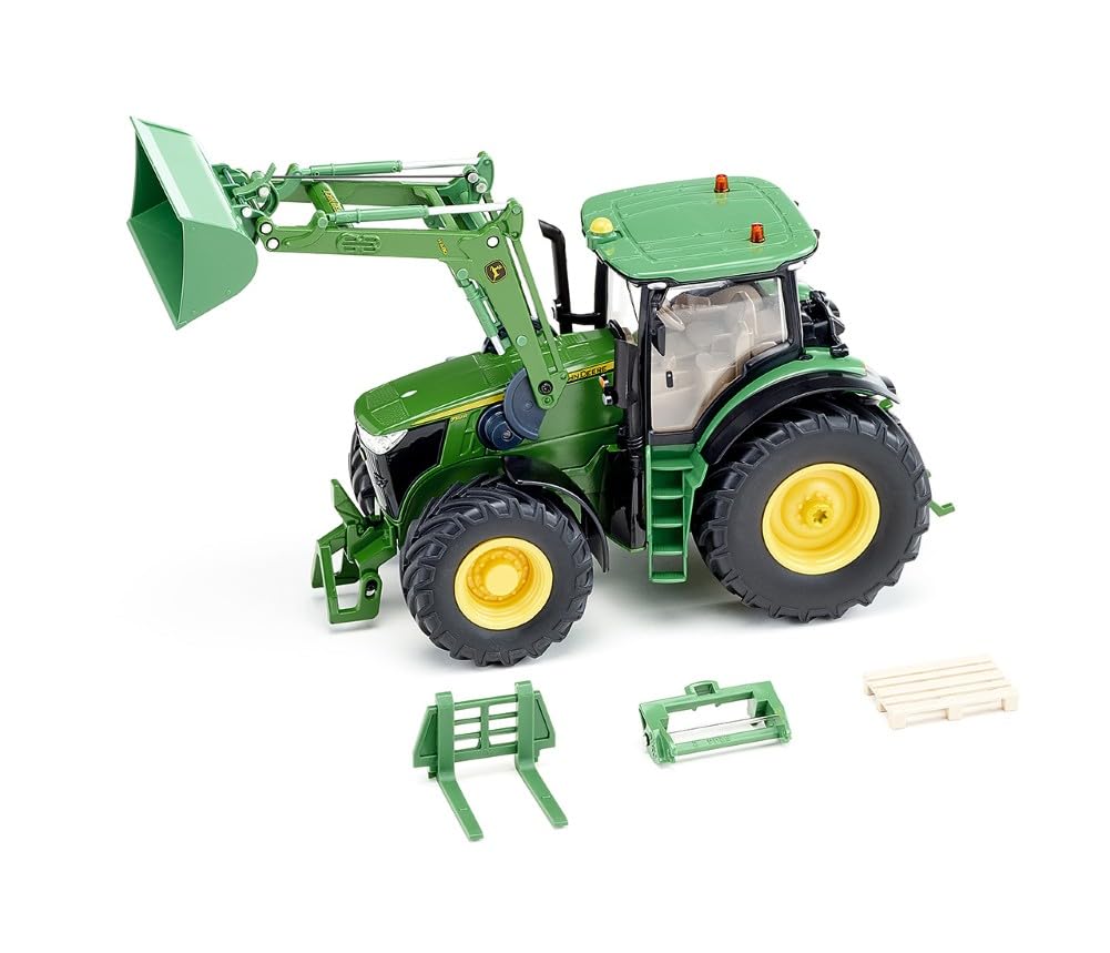 siku 6795, John Deere 7310R Traktor mit Frontlader, Grün, Metall/Kunststoff, 1:32, Ferngesteuert, Inkl. Bluetooth-Fernsteuerung und Zubehör, Steuerung via App oder Gaming Controller möglich