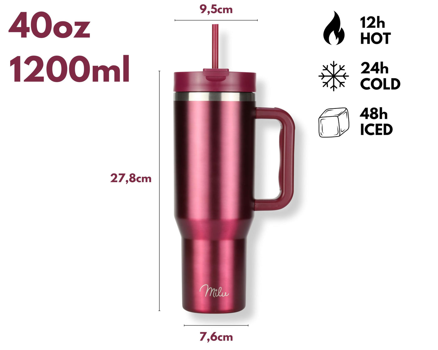 Milu Thermobecher 1200ml mit Strohhalm und Henkel 48h Eis/24h kalt/12h heiß Edelstahl Tumbler 40oz mit Griff Isolierbecher to go Isolierflasche Trinkflasche doppelwandig isoliert (Berry, 1,2L)