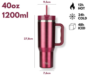 Milu Thermobecher 1200ml mit Strohhalm und Henkel 48h Eis/24h kalt/12h heiß Edelstahl Tumbler 40oz mit Griff Isolierbecher to go Isolierflasche Trinkflasche doppelwandig isoliert (Berry, 1,2L)