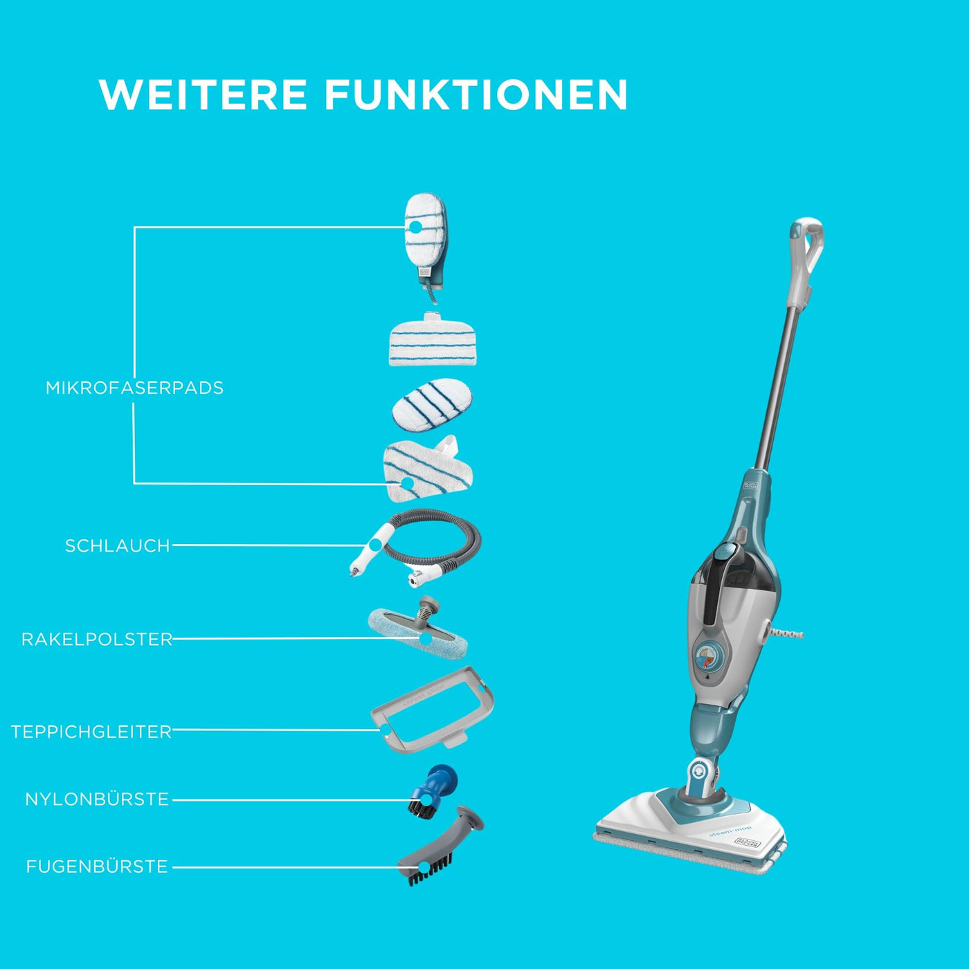 BLACK+DECKER Dampfreiniger 1600W 2in1 Dampfbesen mit Handdampfgerät (für hygienische, gründliche Sauberkeit, für die Reinigung des gesamten Haushaltes, inkl. 11-tlg. Zubehör) BHSM166DSM-QS