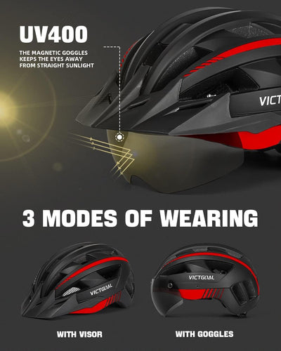 VICTGOAL Fahrradhelm Herren Damen MTB Helm mit Abnehmbarer Magnetische Schutzbrille Visier Atmungsaktiv mit 21 Belüftungskanäle Radhelm Einstellbare Fahrradhelme (L: 57-61cm, Schwarz Rot)