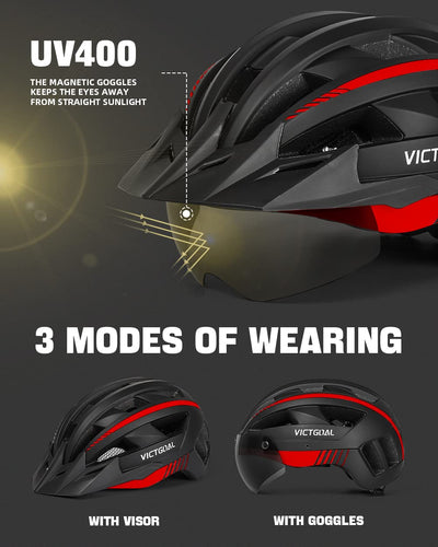 VICTGOAL Fahrradhelm Herren Damen MTB Helm mit Abnehmbarer Magnetische Schutzbrille Visier Atmungsaktiv mit 21 Belüftungskanäle Radhelm Einstellbare Fahrradhelme (L: 57-61cm, Schwarz Rot)