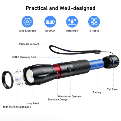 Blukar LED Taschenlampe Aufladbar, 2000 Lumen Extrem Helle Zoombares Taschenlampen mit 5 Lichtmodi und Langer Betriebsdauer, IPX6 Wasserdichte Handlampe für Camping, Wandern, Angeln, Outdoor, Notfäll