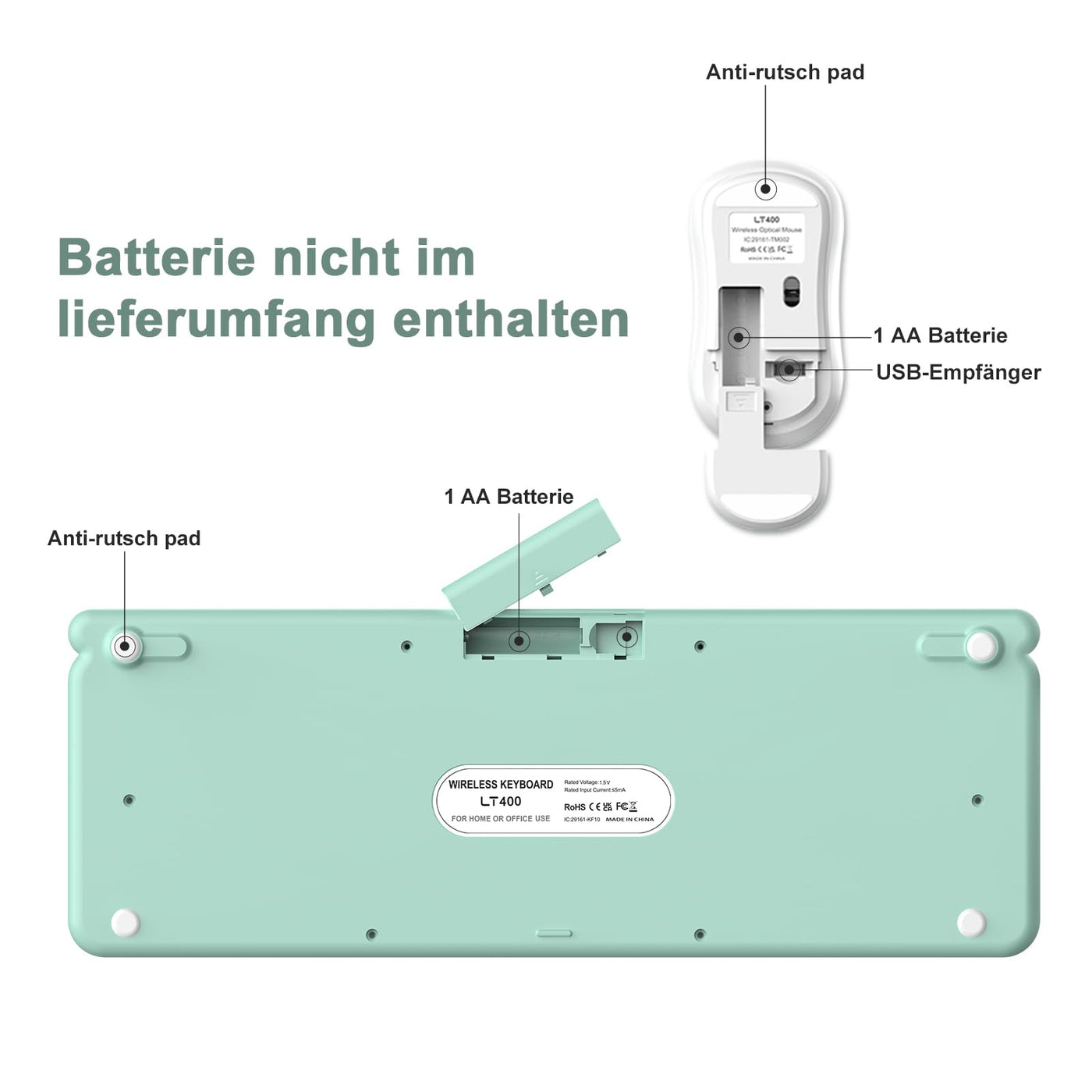 Tastatur Maus Set Kabellos,RaceGT Retro Schreibmaschine Tastatur Funktastatur mit Maus USB Grün Tastatur Bunt Maus und Tastatur Wireless Keyboard and Mouse QWERTZ Deutsch Layout