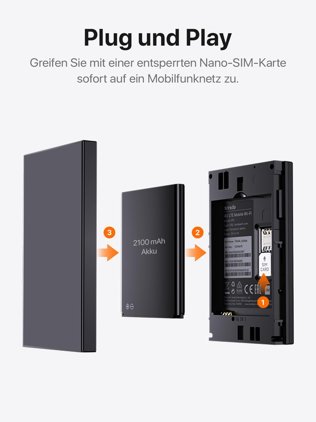 Tenda MF3 Mobiler WLAN Router für SIM-Karten, AX300 Wi-Fi 6 Tragbarer Hotspot, 2100mAh Akku, USB-C-Port, Plug & Play, WPA3, 4G-Modem, MiFi, Mini-Größe, kompatibel mit Nano-SIM-Karten