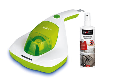 MAXXMEE Milben-Handstaubsauger inkl. Anti-Milben Spray | Antimilben-Sauger mit UV-C Licht, vernichtet 99,9% der Milben | Matratzensauger inkl. HEPA Filter und 250ml Staubbehälter [Limonengrün]