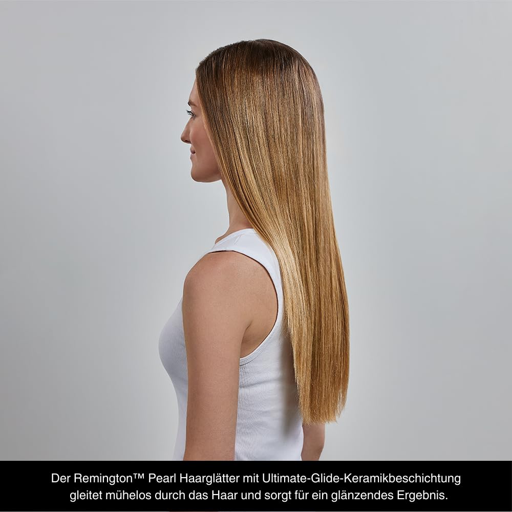 Remington Glätteisen [Testsieger] Pearl (hochwertige Keramikbeschichtung mit echten Perlen für eine gleichmäßige Wärmeverteilung) LCD-Display, 150-235°C, inkl. Aufbewahrungstasche, Haarglätter S9501