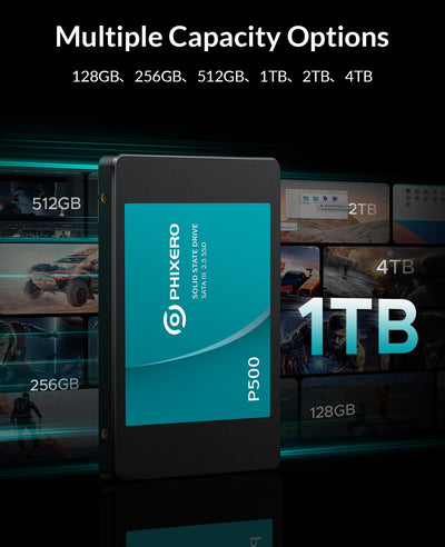 PHIXERO P500 SSD Festplatte intern 2TB 3D NAND, 2,5 Zoll SATA Ⅲ 6 Gb/s internes Solid-State-Laufwerk für Laptops, Desktops und Spielekonsolen-PC
