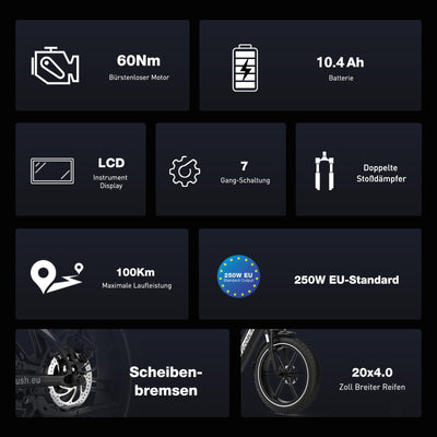 ECORUSH ECO R2 E Bike Klapprad, E-Bike mit 20×4,0 Zoll Fat Tire, Hochfester Körper, 48V 499.2Wh Akku, 7-Gang, LCD-Display, 250W Motor & 25Km/h Elektrofahrräder für Herren und Damen
