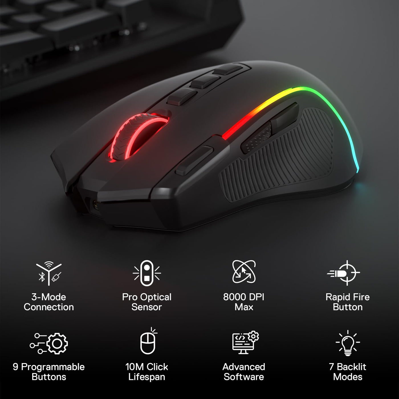 Redragon M612 PRO RGB Gaming Maus 8000 DPI Kabelgebundene/Kabellose Maus mit 9 Programmierbaren Tasten & 6 Hintergrundbeleuchtungsmodi BT & 2.4G Drahtlose Softwareunterstützung
