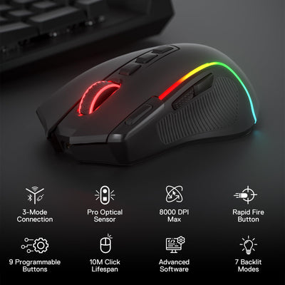 Redragon M612 PRO RGB Gaming Maus 8000 DPI Kabelgebundene/Kabellose Maus mit 9 Programmierbaren Tasten & 6 Hintergrundbeleuchtungsmodi BT & 2.4G Drahtlose Softwareunterstützung