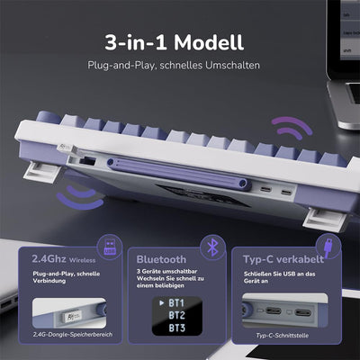 RK ROYAL KLUDGE M75 Gaming Tastatur kabellos 75% TKL Mechanische Tastatur RGB 2,4 GHz Wireless/Bluetooth/USB-C QWERTZ mit OLED-Smart-Display und Knopf Hot Swappable Roter Schalter, Lavendelviolett