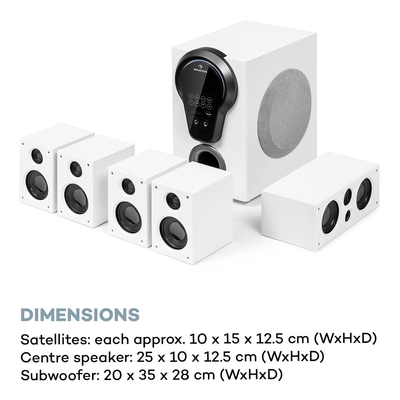 auna Areal 525 5.1 Soundsystem, Heimkinosystem, 5.1 Heimkinosystem, RMS, Subwoofer, 4 oder 5 Satellit, AUX-Eingang, Heimkino mit 125 Watt, schwarz
