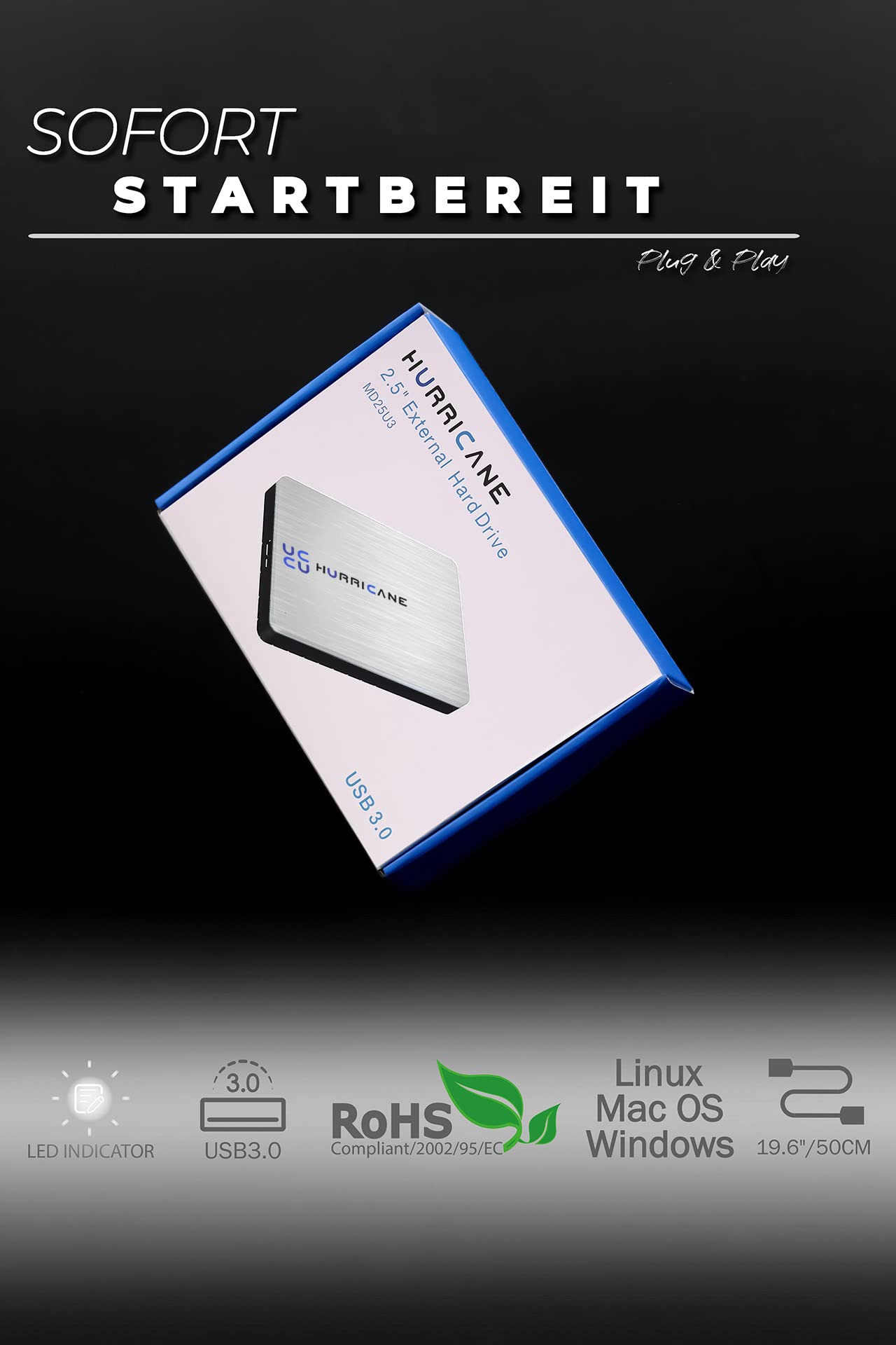 HURRICANE MD25U3 Externe Festplatte 1TB Speicher 2,5" USB 3.0 für Fotos TV Laptop PS4 PS5 Xbox kompatibel mit Windows Mac Linux - Silber