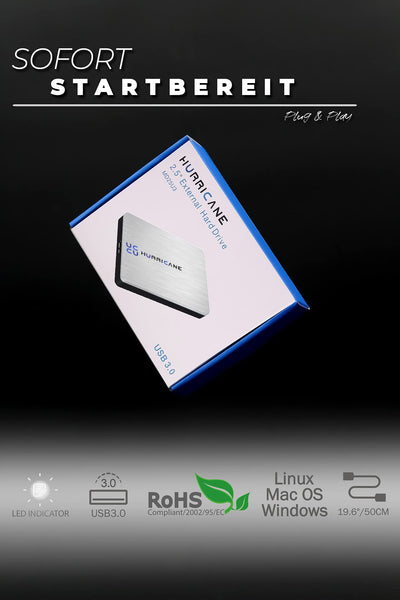 HURRICANE MD25U3 Externe Festplatte 1TB Speicher 2,5" USB 3.0 für Fotos TV Laptop PS4 PS5 Xbox kompatibel mit Windows Mac Linux - Silber