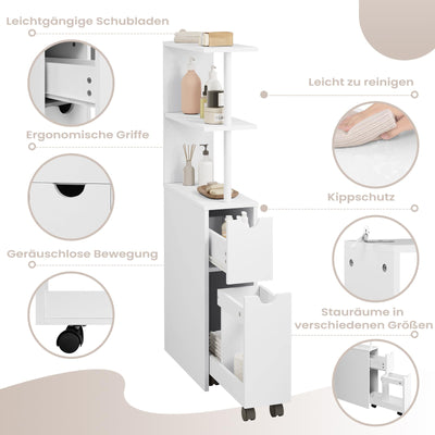 EUGAD Nischenschrank Badezimmer, mit Schublade auf Rollen, offenen Ablagen, Badschrank Badezimmerschrank schmal, Seitenschrank Küchenschrank Mehrzweckschrank, Weiß, 19x113x45 cm (BxHxT)