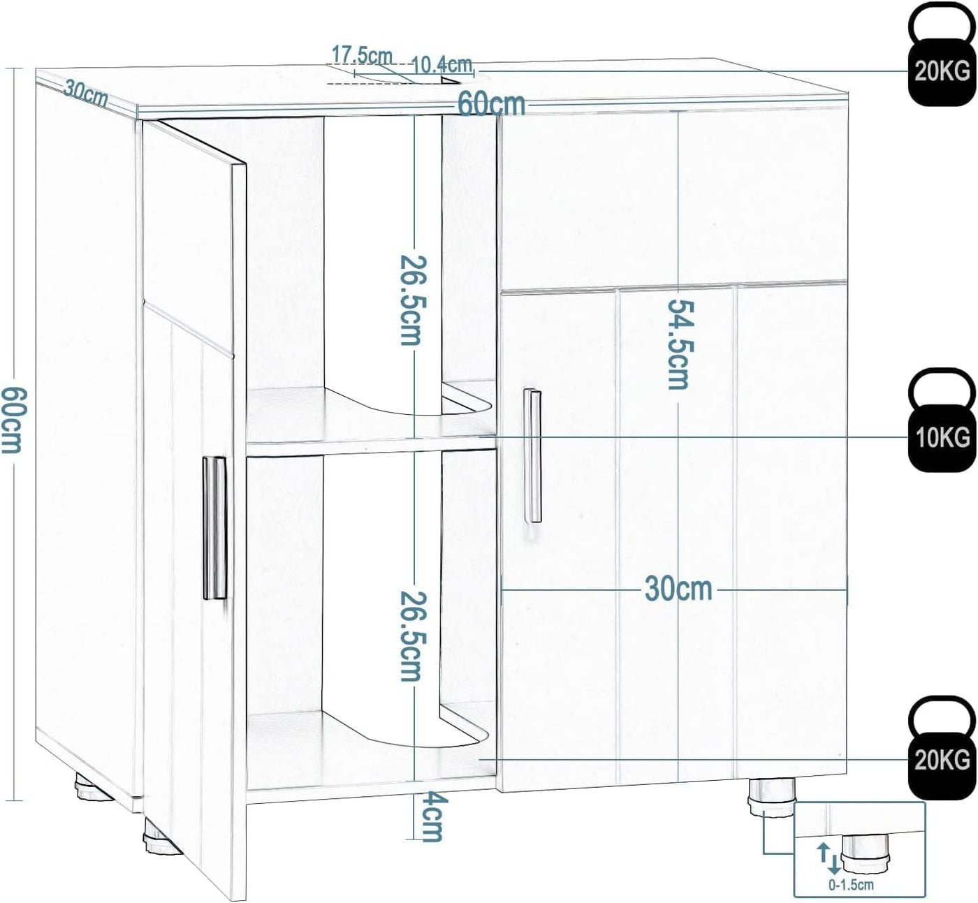 EUGAD Waschbeckenunterschrank,Unterschrank, Waschtischunterschrank, Badezimmerschrank mit 2 Türen,Verstellbarer Trennwand, Metallscharnieren, Landhausstil Weiß 60x60x30 cm