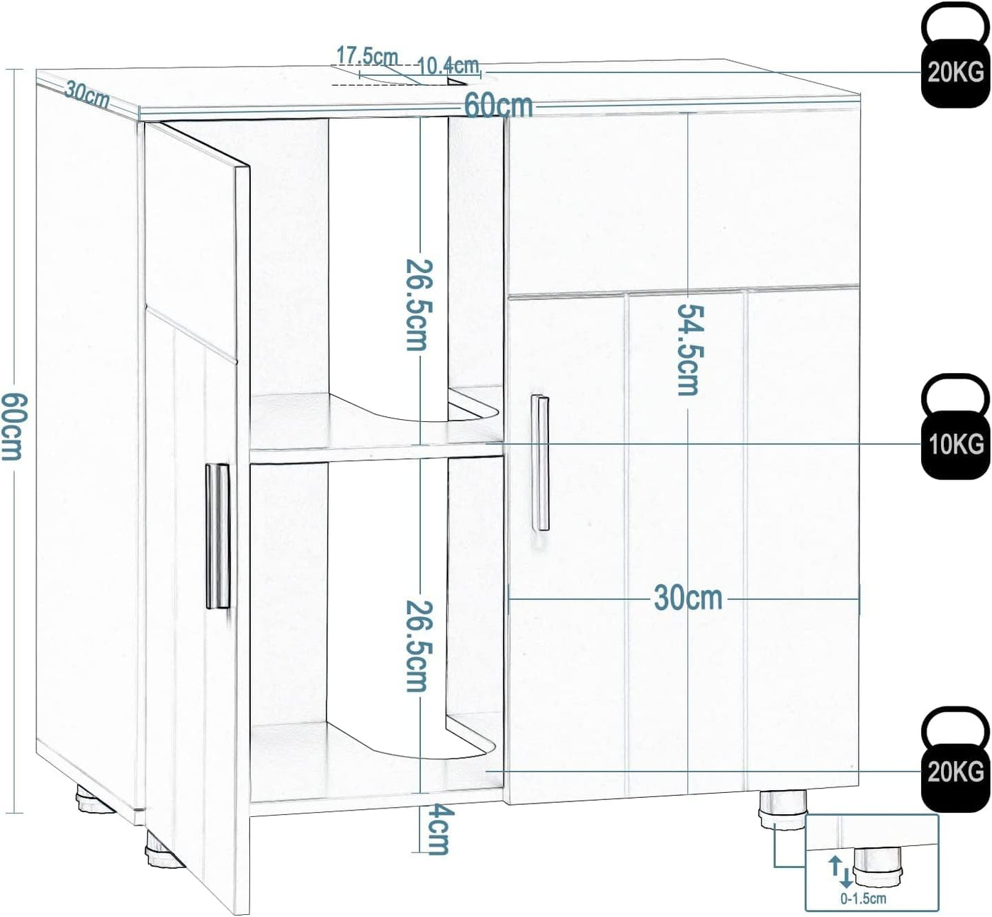 EUGAD Waschbeckenunterschrank,Unterschrank, Waschtischunterschrank, Badezimmerschrank mit 2 Türen,Verstellbarer Trennwand, Metallscharnieren, Landhausstil Weiß 60x60x30 cm