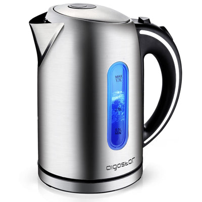 Aigostar King - Wasserkocher Edelstahl 1,7 liter, Elektrischer Wasserkocher mit Kalkfilter, LED Beleuchtung Wasserstandsanzeige, 2200 Watt, Verdecktes Heizelement, Abschaltautomatik, BPA frei