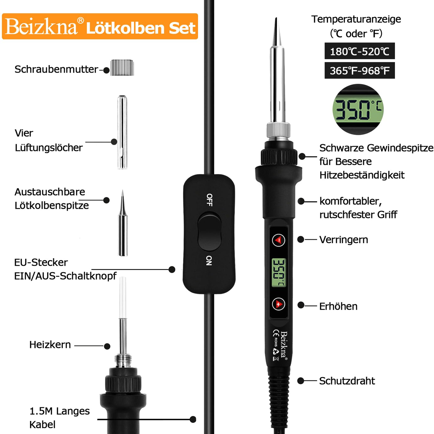 Lötkolben Set 80W LCD Einstellbar Temperatur 180-520°C Lötkolben mit Ein/Aus Schalter, 50g Lötdraht, 5 Lötspitzen, Entlötpumpe, Lötkolbenständer, Pinzette, Lötset für Elektrische Arbeiten