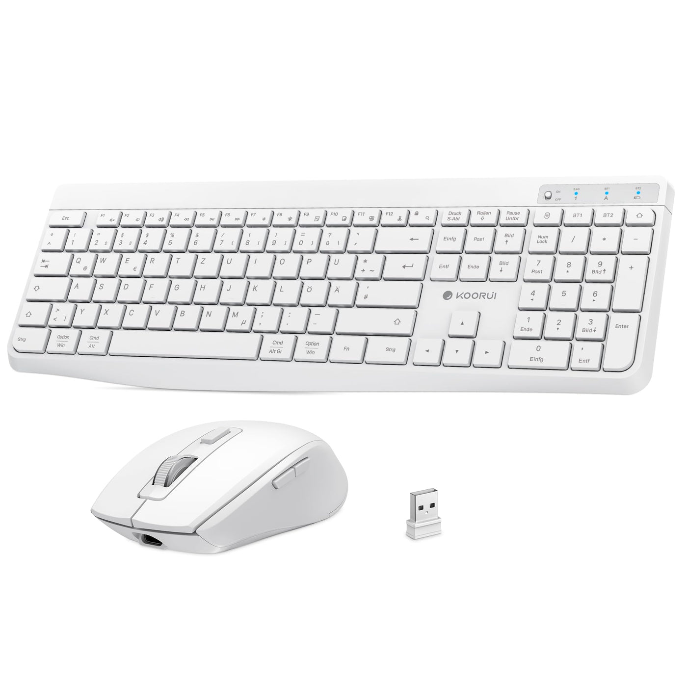 KOORUI Tastatur und Maus Kabellos, Wiederaufladbar Leise Maus Tastatur Set Deutsches Layout QWERTZ mit 12 Funktionstasten 2.4 GHz Tastatur Maus Set für Windows, MacOS, Linux -Weiß