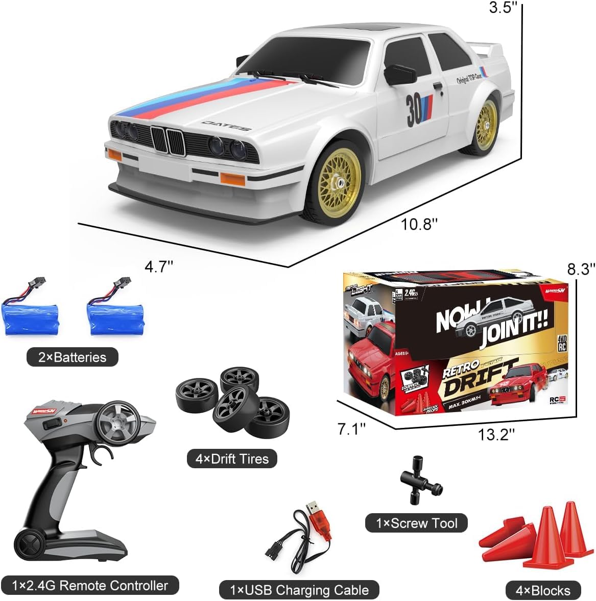 Mostop Ferngesteuertes Auto 1/16 Scale RC Drift Car 2.4GHz 4WD High Speed 30+KM/H Klassisches Fahrzeug mit LED Lichtern Drifting Tires Racing Vehicle Toys Gifts for Adults Boys, 2 Batteries, White