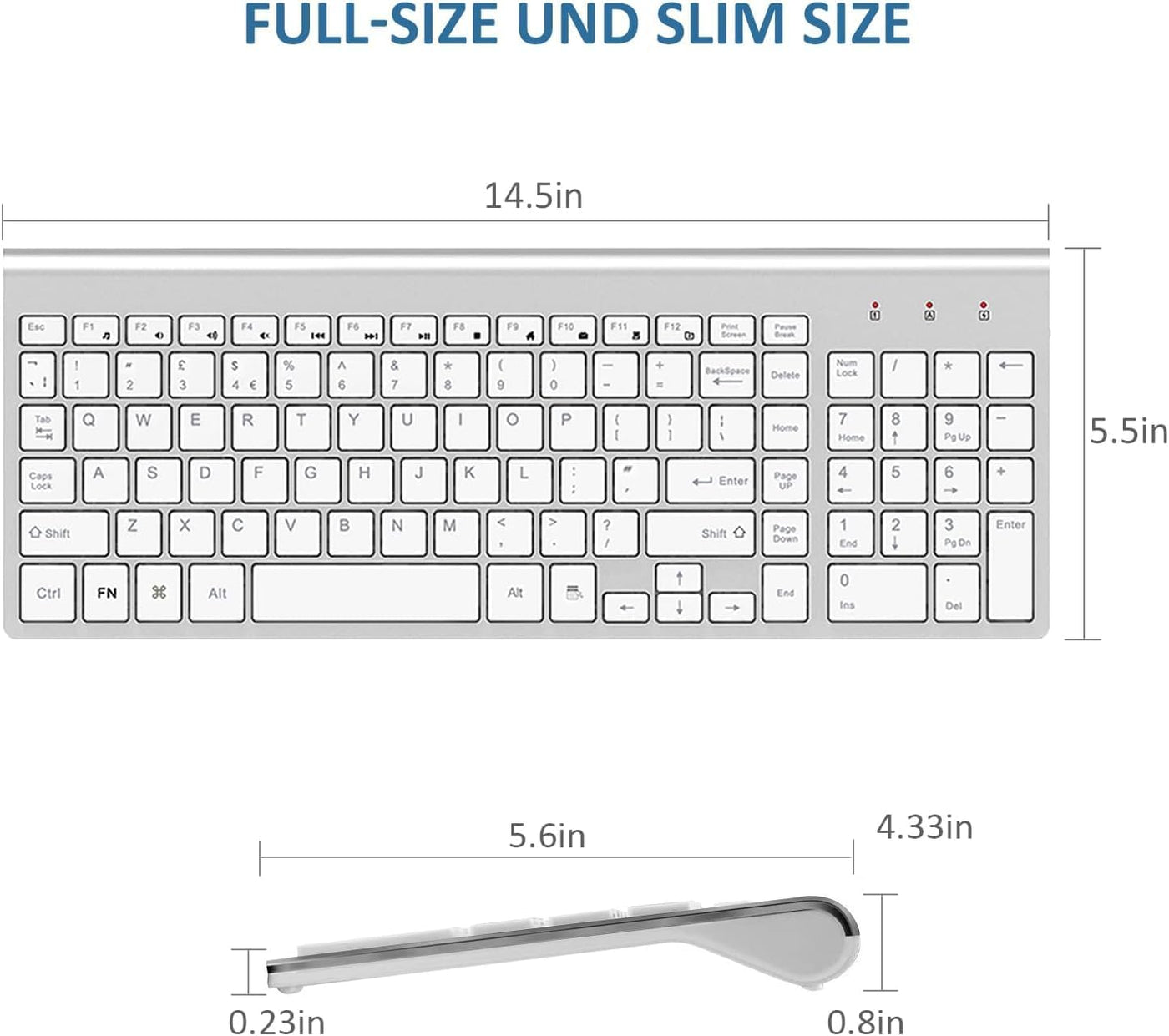 Tastatur Maus Set Kabellos - 2.4Ghz USB Funk Tastatur QWERTZ (Deutsch) Layout Ergonomisch Klein Maus Ultra-Dünne Wireless Keyboard Mouse für Computer/Desktop/PC/Laptop/Smart TV/Windows- Weiß Silber