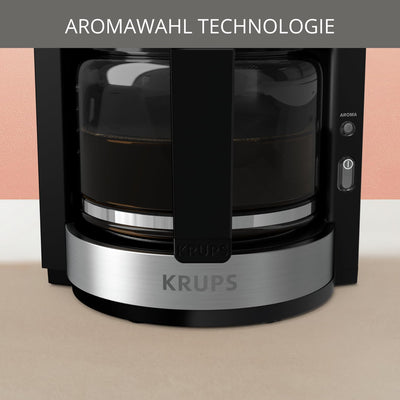 Krups KM3210 Pro Aroma Plus Filterkaffeemaschine | 10 Tassen | 1,25 L | 30-Minuten-Warmhaltefunktion | sichtbares Wasserstands Fenster | Tropfstopp-System | Schwarz mit Edelstahlapplikationen