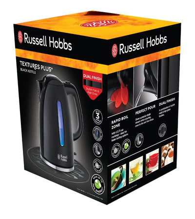 Russell Hobbs Wasserkocher [1,7l, 2400W, blaue LED-Beleuchtung] Textures+ (Schnellkochfunktion, herausnehmbarer Kalkfilter, beleuchtete Wasserstandsanzeige, autom. Deckelöffnung) Teekocher 22591-70