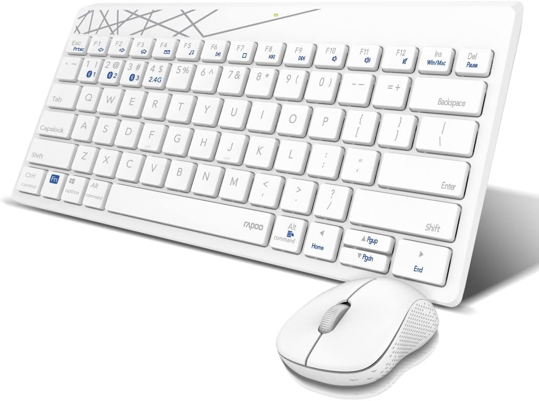 Rapoo 8000M kabelloses Tastatur-Maus Set Wireless Deskset 1300 DPI Sensor 12 Monate Batterielaufzeit kompakt DE-Layout QWERTZ PC & Mac - weiß