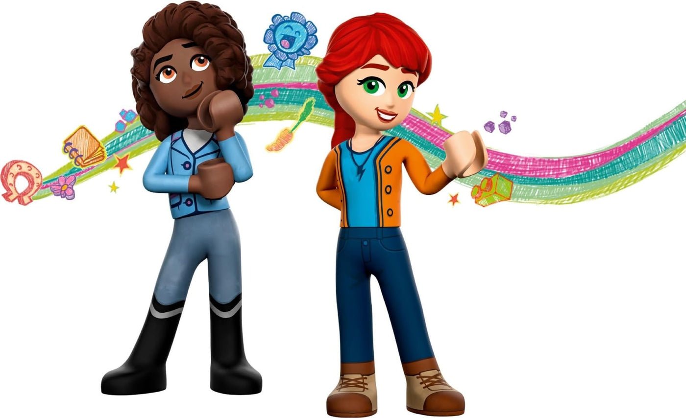 LEGO 41746 Friends Reitschule Set mit 2 Spielzeug-Pferden, Aliya und Mia Mini-Puppen, Reitstall- und Pferdespielzeug, Tierpflege-Geschenk für Kinder, Mädchen und Jungen ab 4 Jahre