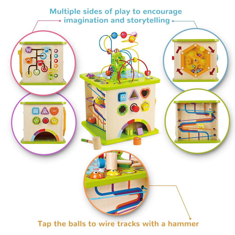 Hape Motorikwürfel „Kleine Tierchen“ aus Holz Multifunktions-Spielwürfel | Lernspielzeug aus Holz für Kleinkinder I fünfseitiges Busy Board I Montessori Spielzeug ab 1 Jahr