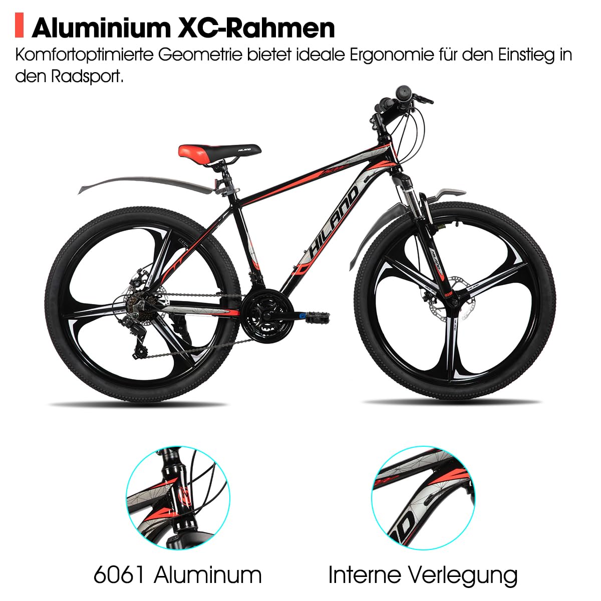 HILAND 26 Zoll Mountainbike für Erwachsene, 3 Speichenrad 18 Gang Herren Damen Mountainbike, mit Doppelscheibenbremse, 26 Zoll MTB Aluminiumrahmen Fahrrad, Schwarz
