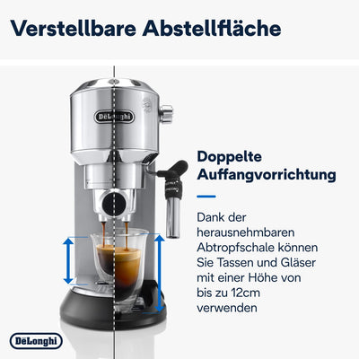 De'Longhi Dedica Style EC 685.M – Espresso Siebträgermaschine, Espressomaschine mit professionellem Milchaufschäumer, nur 15 cm breit, für Kaffeepulver oder ESE Pads, 1 l Wassertank, silber