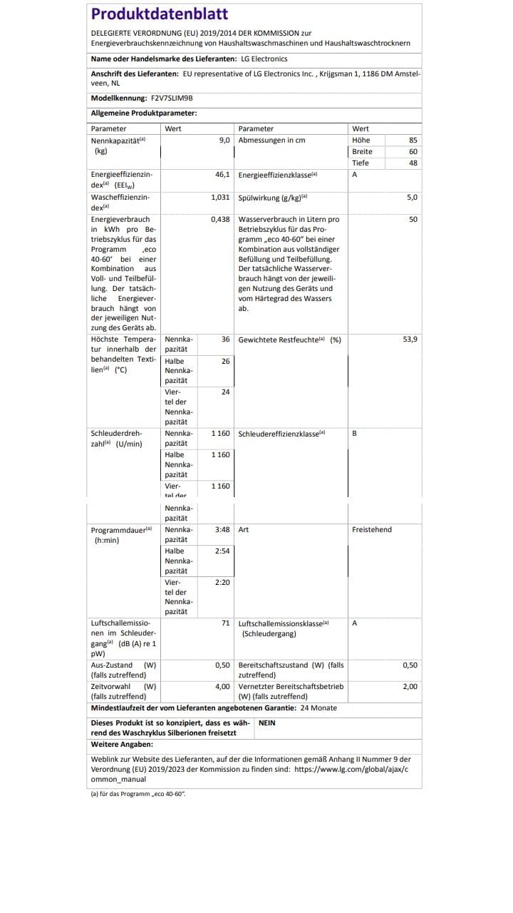 LG F2V7SLIM9B Waschmaschine | 9 kg | Energie A | Steam | Schwarz