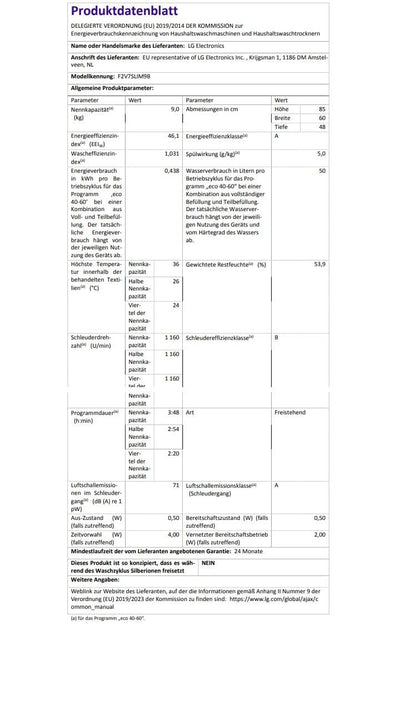 LG F2V7SLIM9B Waschmaschine | 9 kg | Energie A | Steam | Schwarz