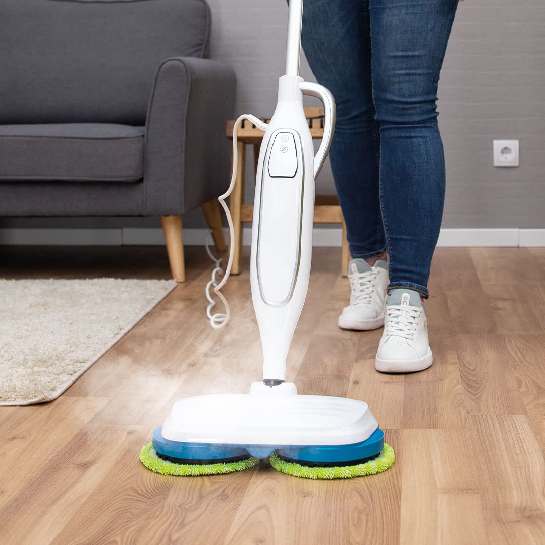 Livington Steam Twister weiß - Mega Spar Set - rotierender Dampfreiniger inkl. Reinigungsaufsätze & Ersatzpads - Dampfbesen & Handdampfreiniger - elektrischer Bodenwischer - Mop