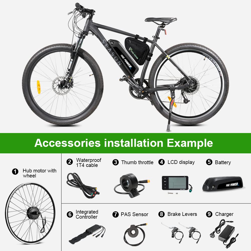 YOSE POWER Ebike Umbausatz 36V250W 26" Heckmoter Elektrofahrrad Conversion Kit 26'' für Steckritzel Cassette mit Integrierte Controller 36V13Ah Batterie