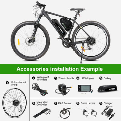YOSE POWER Ebike Umbausatz 36V250W 26" Heckmoter Elektrofahrrad Conversion Kit 26'' für Steckritzel Cassette mit Integrierte Controller 36V13Ah Batterie