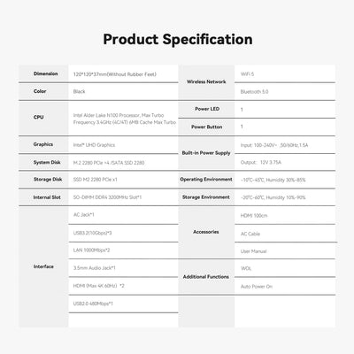 TRIGKEY Key-N100 Mini-PC, Intel Alder Lake-N100-Prozessor der 12. Generation (bis zu 3,40 GHz), 16 GB DDR4 500G M.2 SSD Business Mini-PC/2×LAN/2×HDMI/WiFi 5/BT 5.0/3×USB 3.2/1×USB 2.0