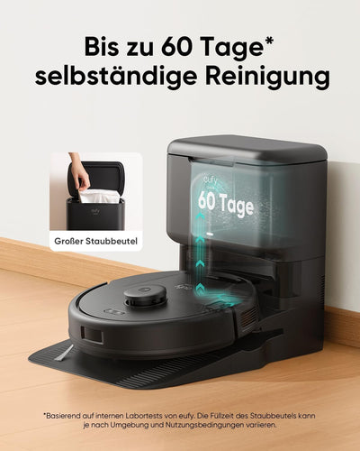 eufy L60 Saugroboter mit Absaugstation, Ultra Starke 5.000Pa Saugkraft, Anti-Haar-Verwicklung, Absaugstation 60 Tage ohne Leeren, iPath-Laser-Navigation(Generalüberholt)
