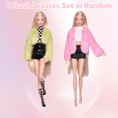 17 Stück Kleidung und Zubehör für 11,5 Zoll Mädchen Puppen Plüsch Westen Set Plüsch Mantel Set Outfits Schleifen Knoten Kleid Langes Etuikleid Set mit 7 Schuhe 5 Zubehör Zufällig Geschenk für Mädchen