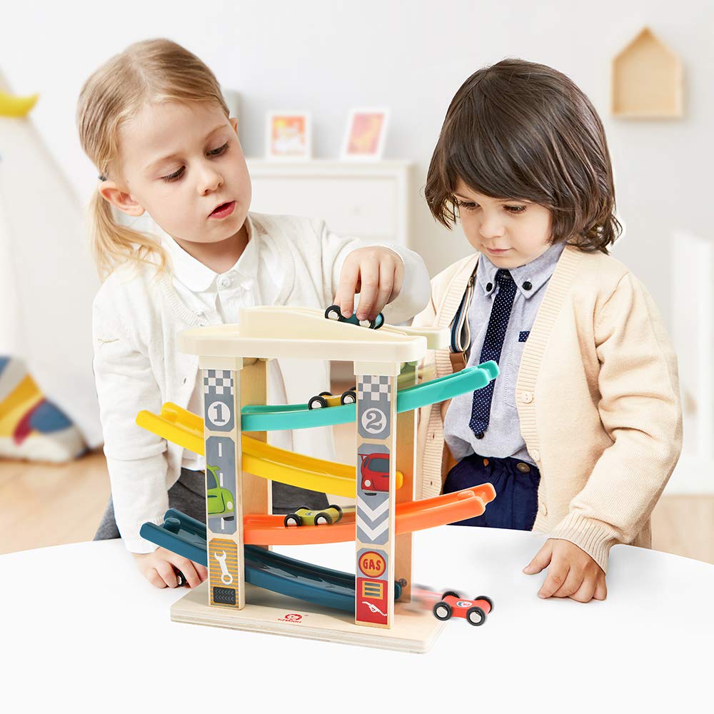 TOP BRIGHT Kugelbahn Autorennbahn aus Holz mit 4 Autos - Kinderspielzeug Geschenke für Kinder, Baby Spielzeug ab 1 Jahr Jungen und Mädchen