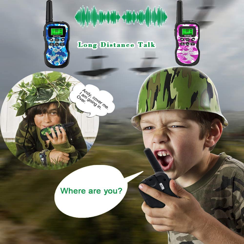 Nestling Walkie Talkie 3 Stück, Verbesserte Version Camouflage 8 Kanäle, 2-Wege-Radio-Spielzeug mit Hintergrundbeleuchtung LCD-Taschenlampe, 3 KM Reichweite für Kinder, Indoor-Outdoor-Aktivität