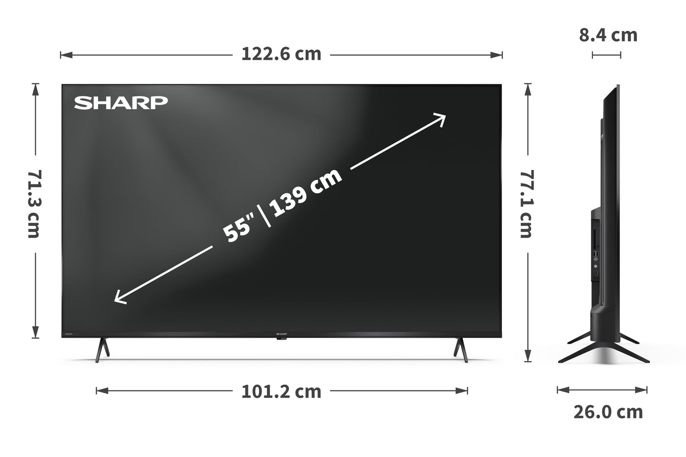 SHARP 55HL4365E – Google TV, 55" UHD, Rahmenlos, 60 Hz, HDR10, Dolby Vision HDR, Google Assistant mit Mikrofon, Chromecast, Bluetooth, Dolby Atmos 2x12 W, HDMI 2.1 x4, USBx2, Farbe Schwarz