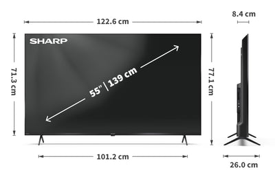 SHARP 55HL4365E – Google TV, 55" UHD, Rahmenlos, 60 Hz, HDR10, Dolby Vision HDR, Google Assistant mit Mikrofon, Chromecast, Bluetooth, Dolby Atmos 2x12 W, HDMI 2.1 x4, USBx2, Farbe Schwarz